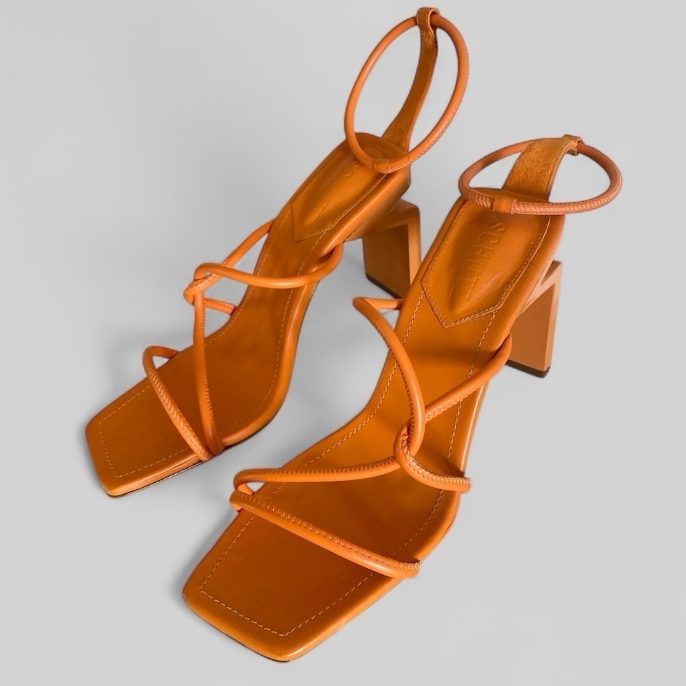SHULTZ KATTIEN SANDAL ORANGE 4” Heel Ankle Wrap Strappy Square Toe  8.5 BADDIE